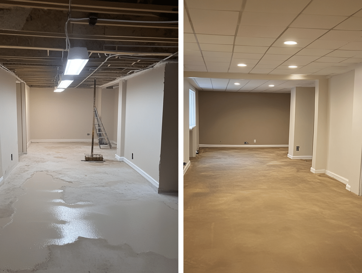 accu dry before and after a large basement waterproofing job