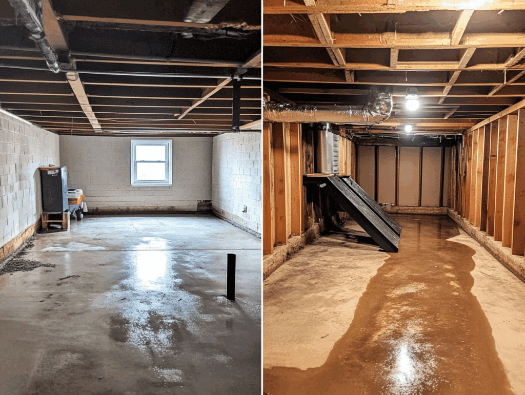 accu dry before and after room with a staircase and wood walls
