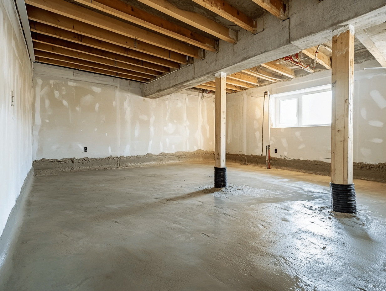 accu dry concrete floors in westmont, il a room with a concrete floor and a wood ceiling