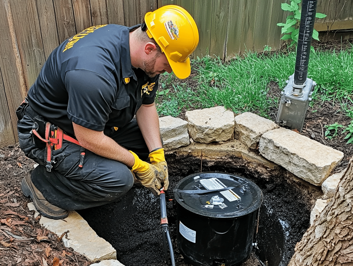 accu dry sump pump system repair in westmont, il a man wearing a hard hat and gloves working outside